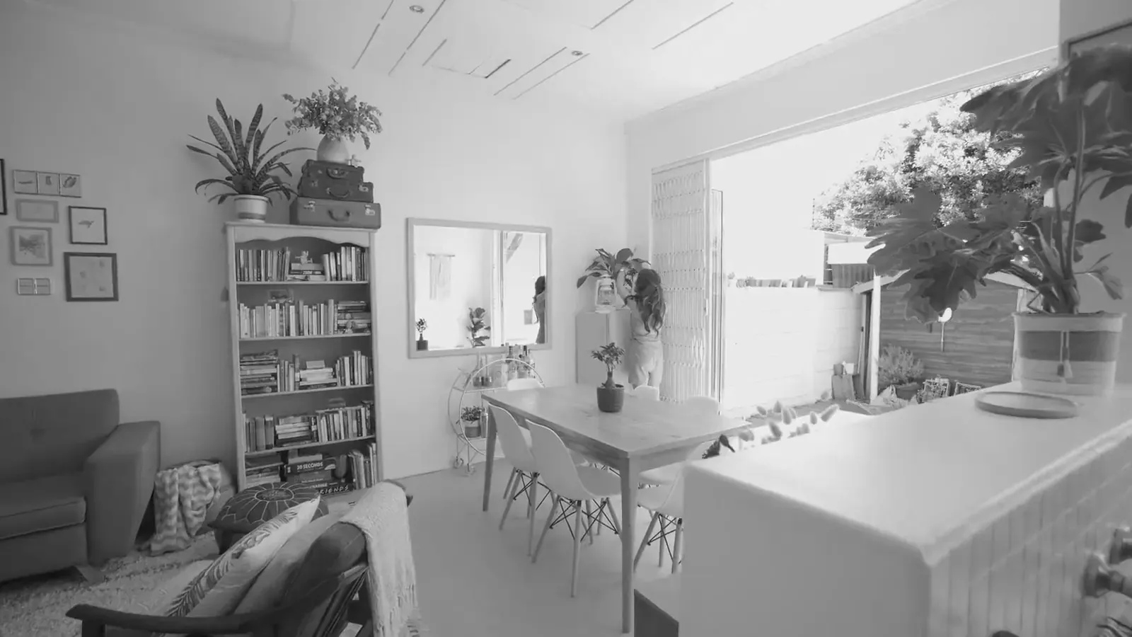 A bright, plant-filled living and dining room in a well-managed rental home
